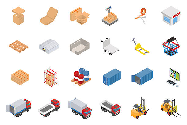 Vector warehouse equipment icon set The big set of isometric objects on the topic of warehouse and logistics push cart stock illustrations