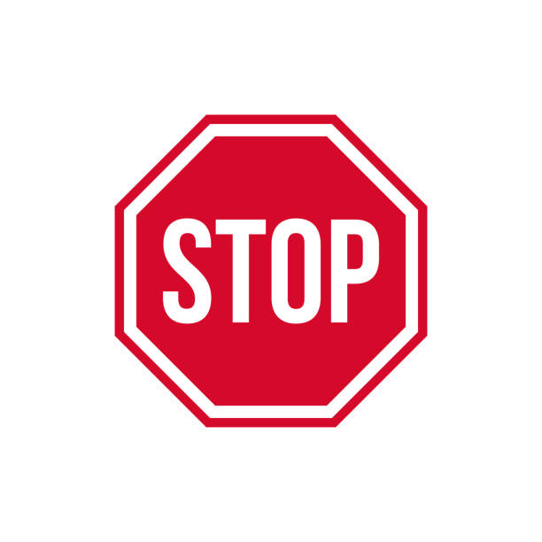 ilustraciones, imágenes clip art, dibujos animados e iconos de stock de icono de signo de detención de advertencia vectorial. precaución detenga la etiqueta engomada de la señal en rombo rojo y parada de texto. detenga la ilustración de pegatinas de signo en estilo minimalista plano. - stop