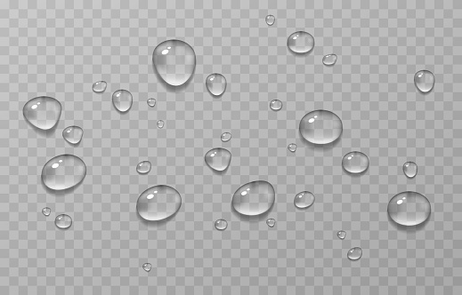 Vector water drops. Drops, condensation on the window, on the surface. Realistic drops on an isolated transparent background. Vector.