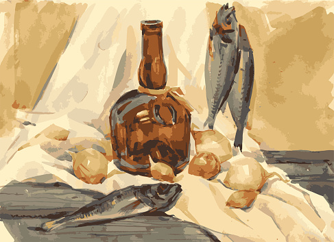 Vector watercolor image of still life with fish, onion, bottle, and yellow drapery