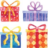 Vector watercolor set of blue, red, orange and purple gift boxes isolated on white