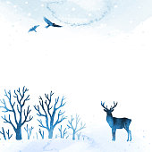 istock Vector watercolor winter nature template. Hand drawn frame with deer, bird, forest and place for text or illustration. Watercolor blue landscape. 1337252995