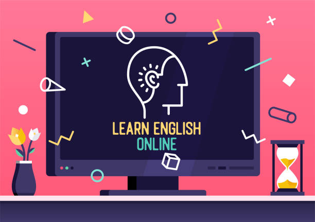 Vector Web Banner Design for Learn English Online Vector flat design template with smart television and learn English online text on its screen. Colorful illustration design with trendy decorations for corporate marketing or various vector illustrations. english culture stock illustrations