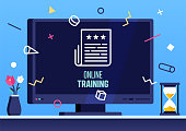 Vector flat design template with smart television and online professional training text on its screen. Colorful illustration design with trendy decorations for corporate marketing or various vector illustrations.