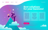 Vector web page design template - business solutions, consulting, marketing, support concept. People standing on mountain peak with winner flag. Success team work. Landing page. Mobile app, web banner