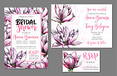 istock Vector Wedding Stationary Set, Bridal Shower and Wedding Invitation, RSVP, with Watercolor and Ink Magnolia Flowers 963739602