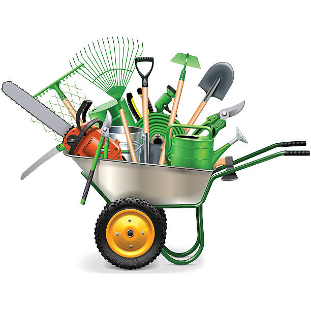 Vector Wheelbarrow with Garden Accessories Vector Wheelbarrow with Garden Accessories, including chain saw, shovel, pruner, barrel, hose, scissors, axe, hoe and other, isolated on white background gardening equipment stock illustrations