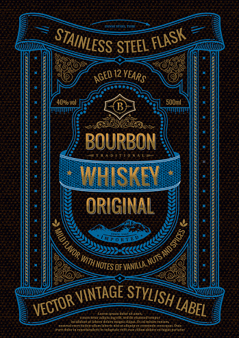 Vector whiskey label, sticker on bottle or flask of alcoholic drink. Vertical black bourbon logo with logo