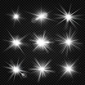 Vector white burst rays, glowing light, stars bursts with sparkles isolated on transparent background. Effect of sparkle magic glitter illustration