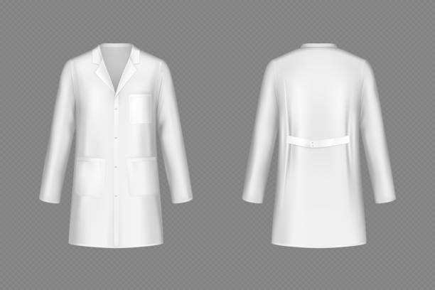 Vector white doctor coat, medical uniform White doctor coat, medical uniform isolated on transparent background. Vector realistic mock up of lab costume front and back view. Clothes for medicine profession, nurse suit, physician robe lab coat stock illustrations