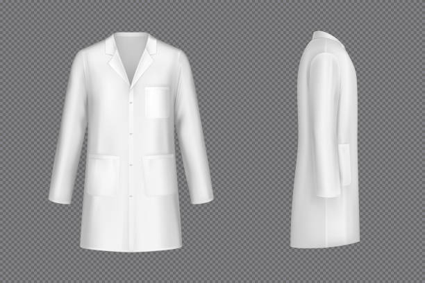 Vector white doctor coat, medical uniform White doctor coat, medical uniform isolated on transparent background. Vector realistic mock up of lab costume front and side view. Clothes for medicine profession, nurse suit, physician robe lab coat stock illustrations