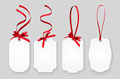 Vector white empty paper name tags, greeting cards or coupons with red shiny ribbons isolated on grey background