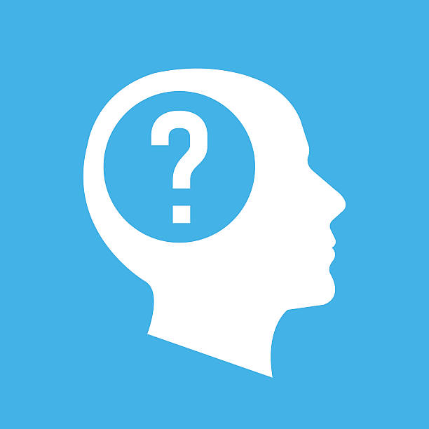 Vector white human head, face profile silhouette with question mark White human head, face profile silhouette with question mark. Flat design vector illustration isolated on blue background questioning face stock illustrations