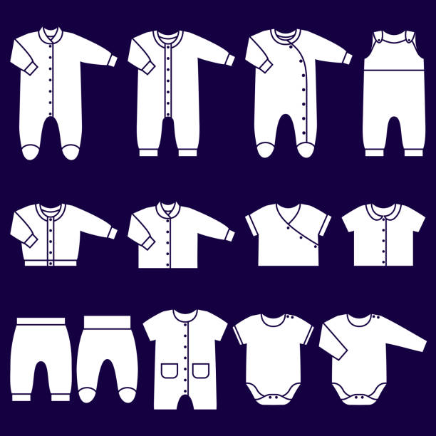 illustrations, cliparts, dessins animés et icônes de icônes blanches vectorielles des vêtements pour bébé. - mockup vêtement enfants robe