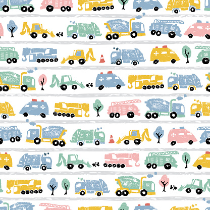 Vector white pastel pen skech rows of cute cement trucks transport vehicles seamless pattern with road stripes. Suitable for textile, gift wrap and wallpaper.