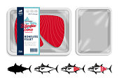 Vector tuna packaging illustration. Flat style seafood label. Tuna fish illustrations. White food tray mockup