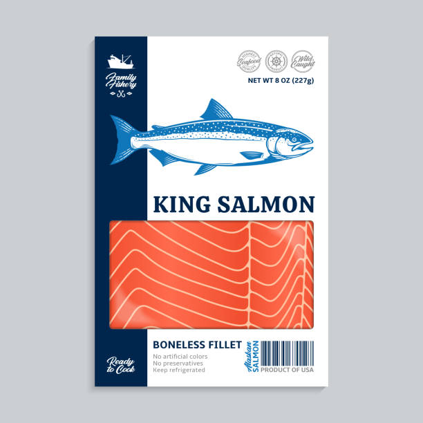 illustrations, cliparts, dessins animés et icônes de conception sauvage sauvage d’emballage de saumon d’alaska sauvage de vecteur - filet de poisson