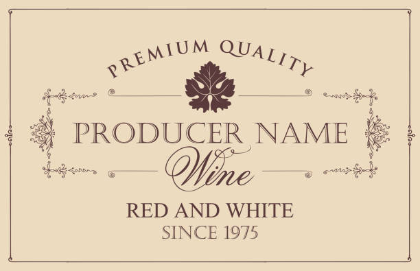 vector wine label with vine leaf Vector wine label with vine leaf and calligraphic inscriptions in retro style on beige background champagne borders stock illustrations