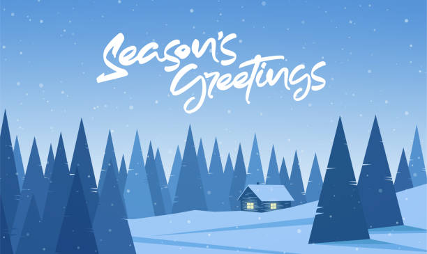 向量冬季聖誕平面景觀與卡通房子和手寫的字母季節的問候。 - 原木小屋 插圖 幅插畫檔、美工圖案、卡通及圖標