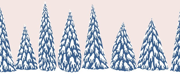 Vector winter landscape seamless border, fairy tale fir tree pattern. Christmas and New Year vacations background. Web page divider