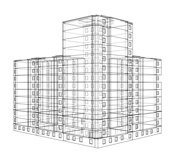 Vector wire-frame model of a building Vector wire-frame model of a residential building. Construction concept. Drawing or blueprint style. Vector made from 3d model wire frame model stock illustrations