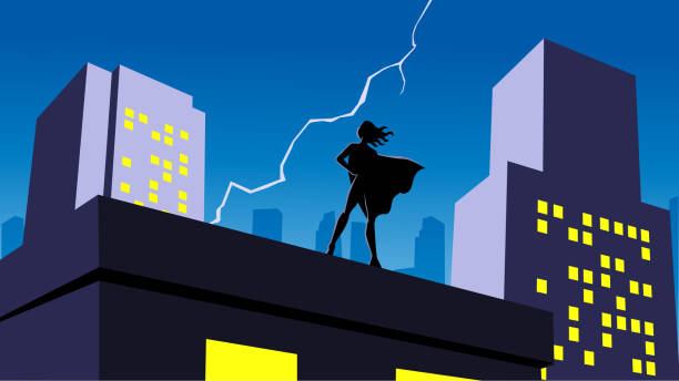 Vector Woman Superhero silhouette in a City at Night A silhouette style of a woman superhero standing on a rooftop with city buildings and lightning strike in the background. lightning silhouettes stock illustrations