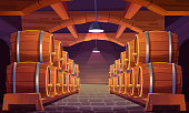 Wood barrels for wine or beer in cellar. Cask from oak wood on stand in storage room of brewery or winery. Vector realistic interior of basement with keg for whiskey, rum or cognac