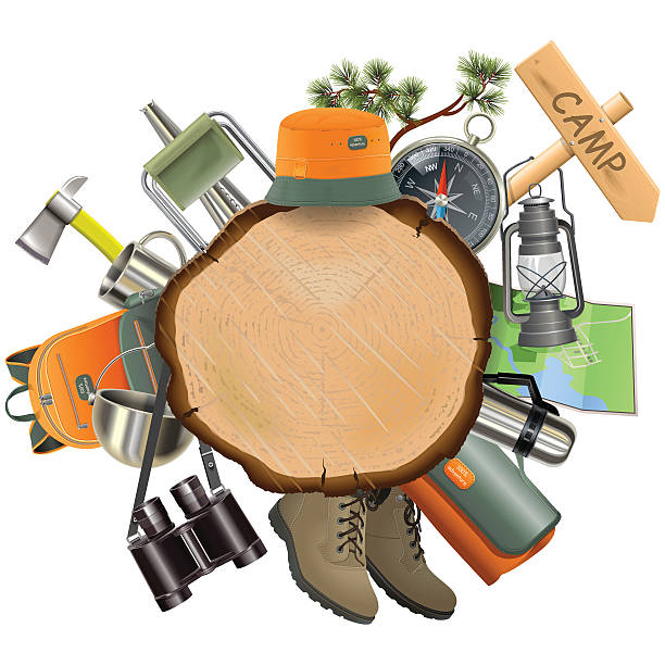 Vector Wooden Board with Camping Accessories Vector Wooden Board with Camping Accessories, including shoes, hat, map, oil lamp, binoculars, compass, backpack, kettle, axe and other, isolated on white background scout camp stock illustrations