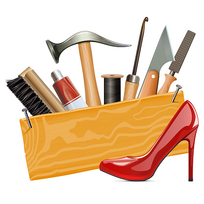 Vector Wooden Board with Cobbler Tools and Red Female Shoe