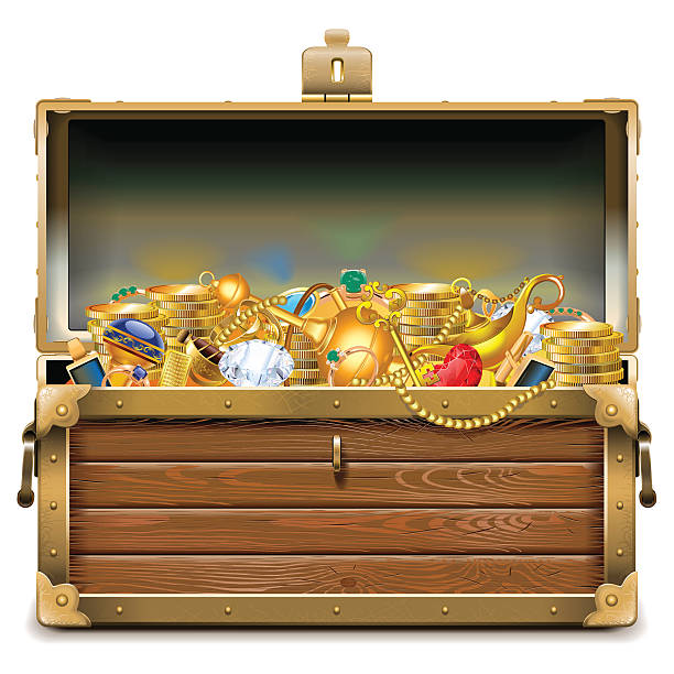 Vector Wooden Chest with Gold Vector Wooden Chest with gold, golden coin, gemstones, isolated on white background jewelry treasure chest gold crate stock illustrations