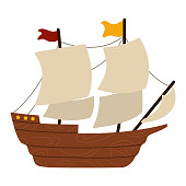 istock Vector wooden ship with sails isolated on white background. Pilgrim historical boat illustration. Thanksgiving Day icon. First American people transportation 1327085187