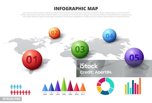istock Vector world map with 5 spheres for business infographic. Presentation template. 1018282980