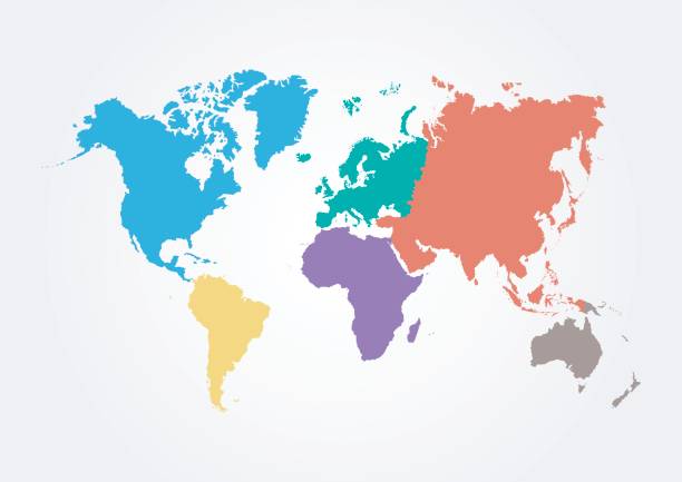 Vector World map with continent in different color ( flat design ) Vector World map with continent in different color ( flat design ) continent geographic area stock illustrations