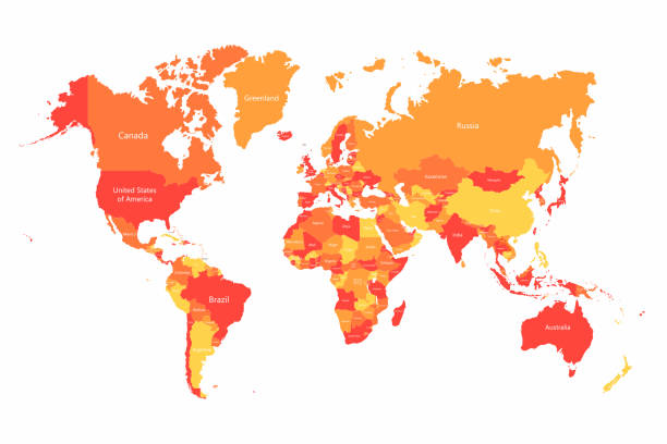 dünya haritası ülkeler sınırları ile vektör. kırmızı soyut ve dünya ülkeleri haritası üzerindeki sarı - kıta coğrafi bölge stock illustrations