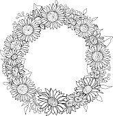 Vector wreath fream sunflower.  Illustation of flower wreath for content and graphic, wedding, greeting card.