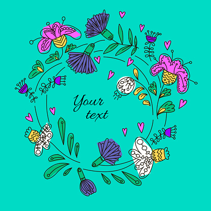 Vector wreath of flowers and plants. Doodle illustration for postcard, invitation, card and tag decoration