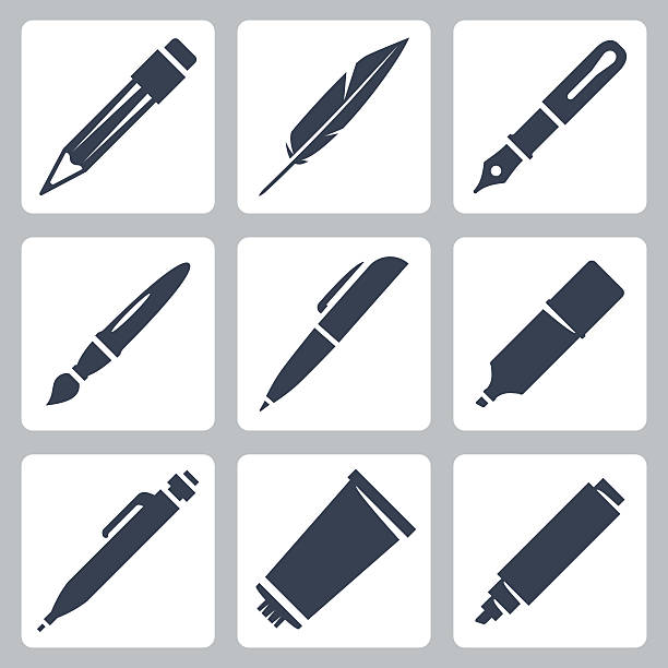 Vector writing and painting tools icons set Vector writing and painting tools icons set: pencil, feather, fountain pen, brush, pen, marker, mechanical pencil, tube of paint writing activity silhouettes stock illustrations