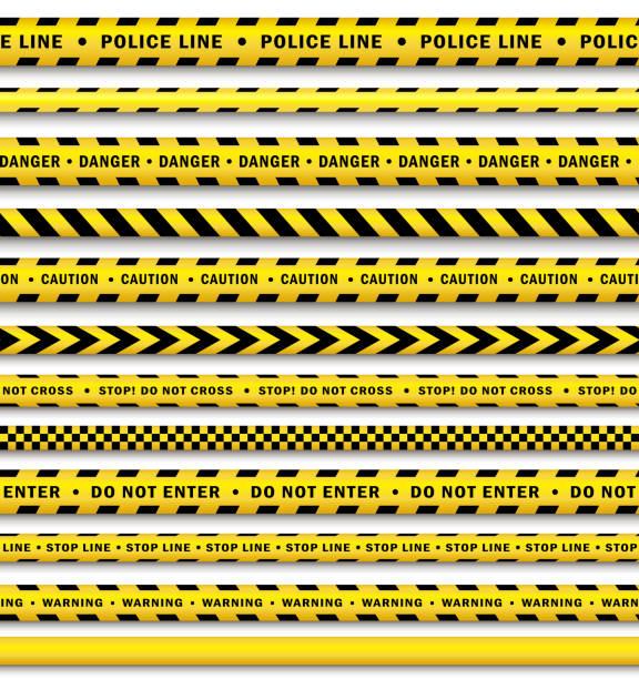 ilustraciones, imágenes clip art, dibujos animados e iconos de stock de cinta amarilla de policía negro conjunto aislado del vector - crime scene