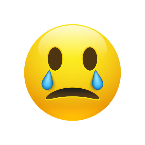 Vector yellow crying emoticon with opened eyes Vector yellow crying emoticon with opened eyes and mouth on white background. Glossy funny cartoon Emoji icon. 3D illustration for chat or message. teardrop stock illustrations