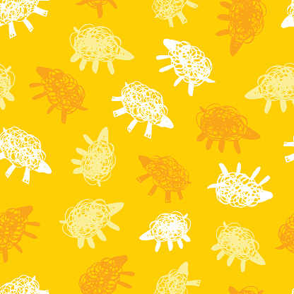 Vector yellow monochrome sheep simple scatter doodle seamless pattern. Suitable for textile, gift wrap and wallpaper.