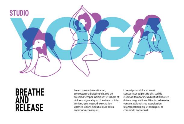 vektor-yoga-konzept mit asanas und exemplar. - pilates methode stock-grafiken, -clipart, -cartoons und -symbole