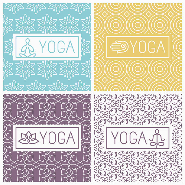 Vector yoga icons and line badges Vector yoga icons and line badges - graphic design elements in outline style or logo templates for spa center or yoga studios yoga backgrounds stock illustrations