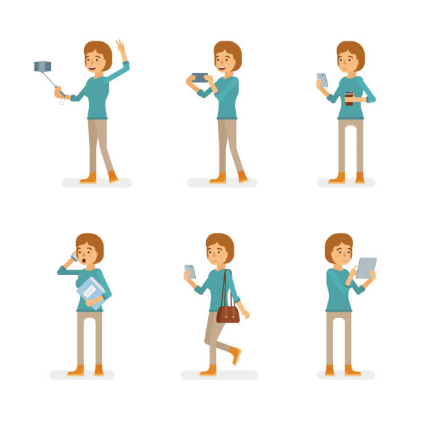 ilustrações de stock, clip art, desenhos animados e ícones de vector young adult woman in pullover ready-to-use character gadget using poses set in flat style. - smartphone filming
