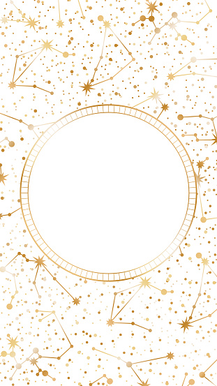 Vector zodiac constellations background with round copy space. Golden astrological frame with horoscope star systems and place for text on a white. Celestial card template for stories and web banners