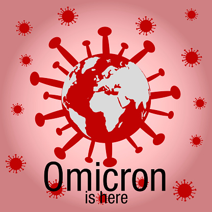 Vectorial background with the new variant of covid19, the omicron virus appeared in South Africa on the map of the earth. Worldwide danger from the new virus b.1.1.259. Omicron is already here
