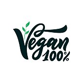 Vegan 100 With green leaves. Hand calligraphy lettering. Organic food tags, icon. As template of logo of cafe, restaurants, products packaging. Vector illustration. Vegetarian lifestyle concept.
