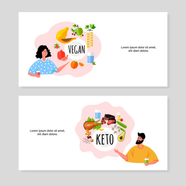 stockillustraties, clipart, cartoons en iconen met veganistisch en keto dieet voor man en vrouw. - vegan keto