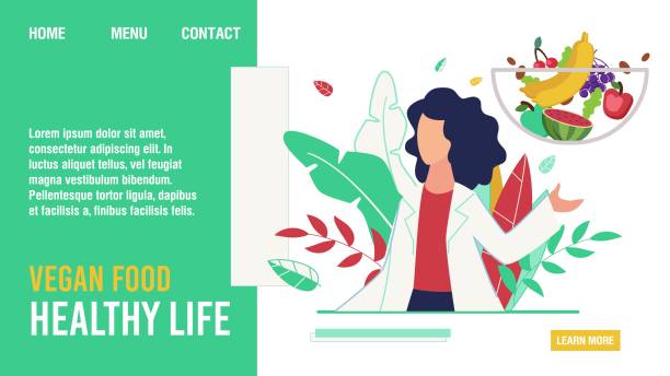 ilustrações, clipart, desenhos animados e ícones de alimento veganpara a vida saudável que promove a página da aterragem - nutricionista