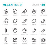 Vegan Food - 20 Outline Style - Single line icons with captions / Set #50 / Designed in 48x48pх square, outline stroke 2px.

First row of outline icons contains:
Avocado, Apricot, Orange Slice, Mortar, Olive Branch;

Second row contains:
Cherry, Lemon, Green Pea, Potato, Eggplant;

Third row contains:
Whole Wheat, Apple, Bell Pepper, Chili Pepper, Cucumber;

Fourth row contains:
Celery, Gringer, Coconut, Spices, Pumpkin.

Complete Signico collection - https://www.istockphoto.com/collaboration/boards/VT_7sDWo80OLh7foVxchBQ