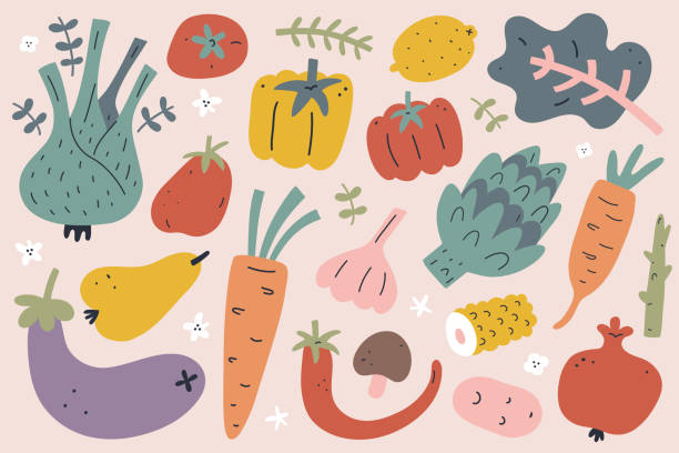 zestaw warzyw i owoców, ręcznie rysowane doodle ilustracji, nowoczesne wctory clipart, pomidor, czosnek i cebula, produkty zbiorów rolnych, oragnic całej żywności izolowane na białym tle - food stock illustrations